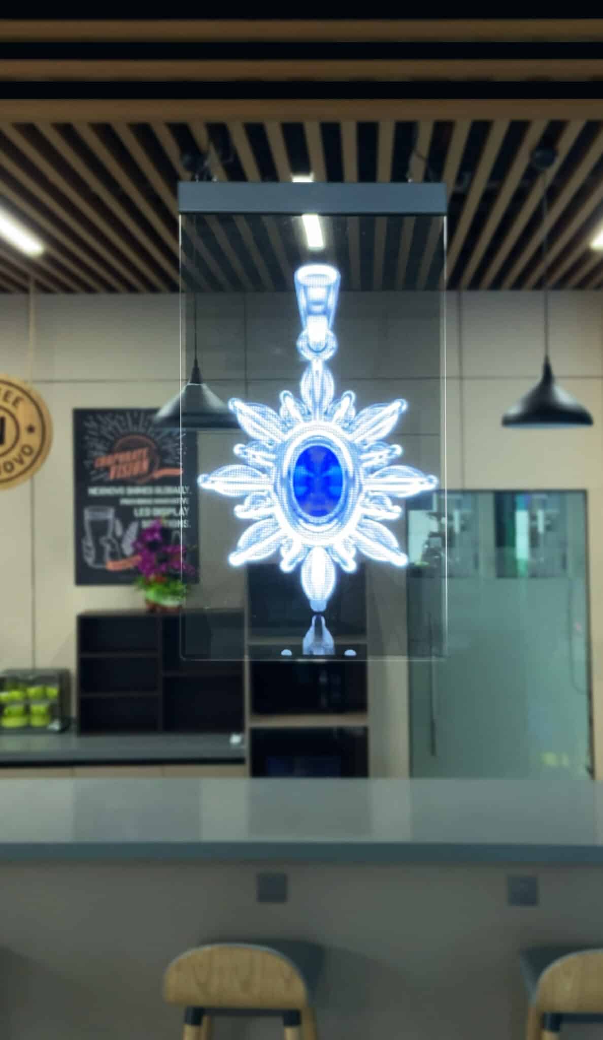 Écran vitrine transparent LIMPIDE – vue suspendue vitrine